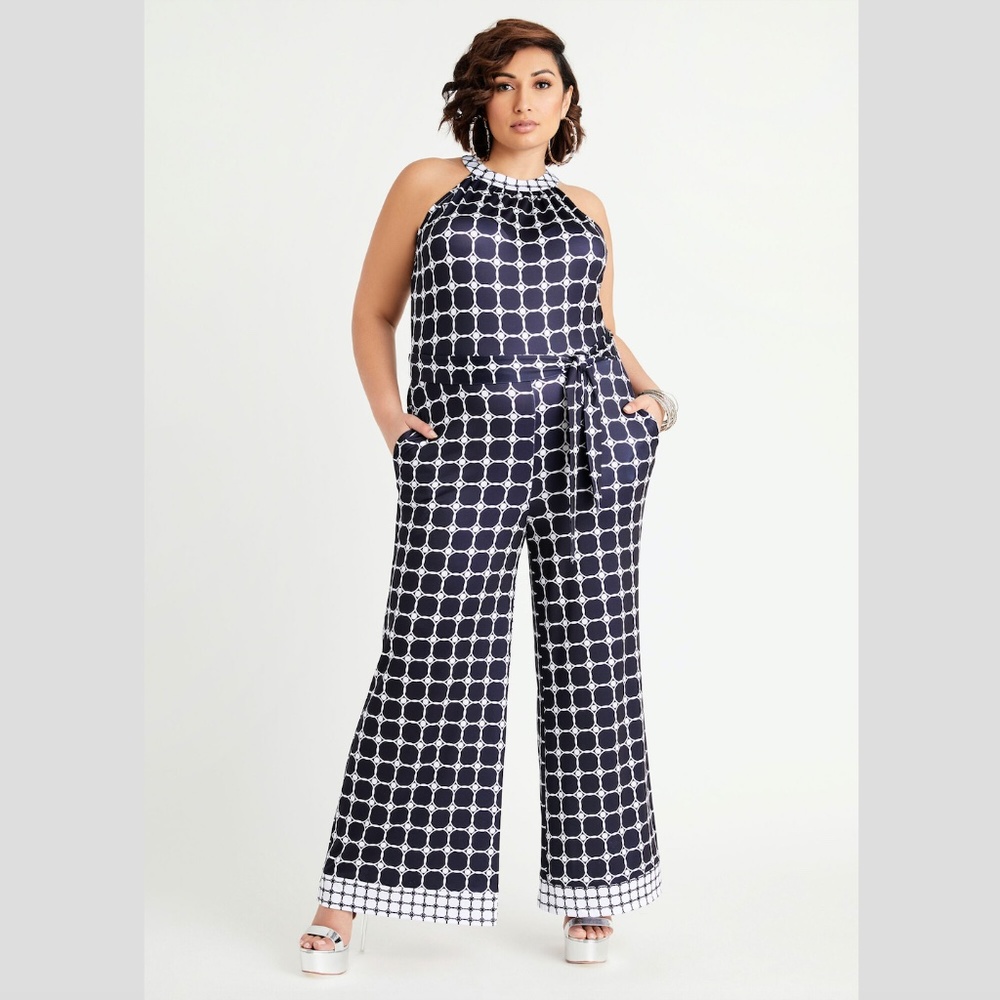 Ashley Steward B&W Belted Dot Wide Leg Jumpsuit - Size 26/28